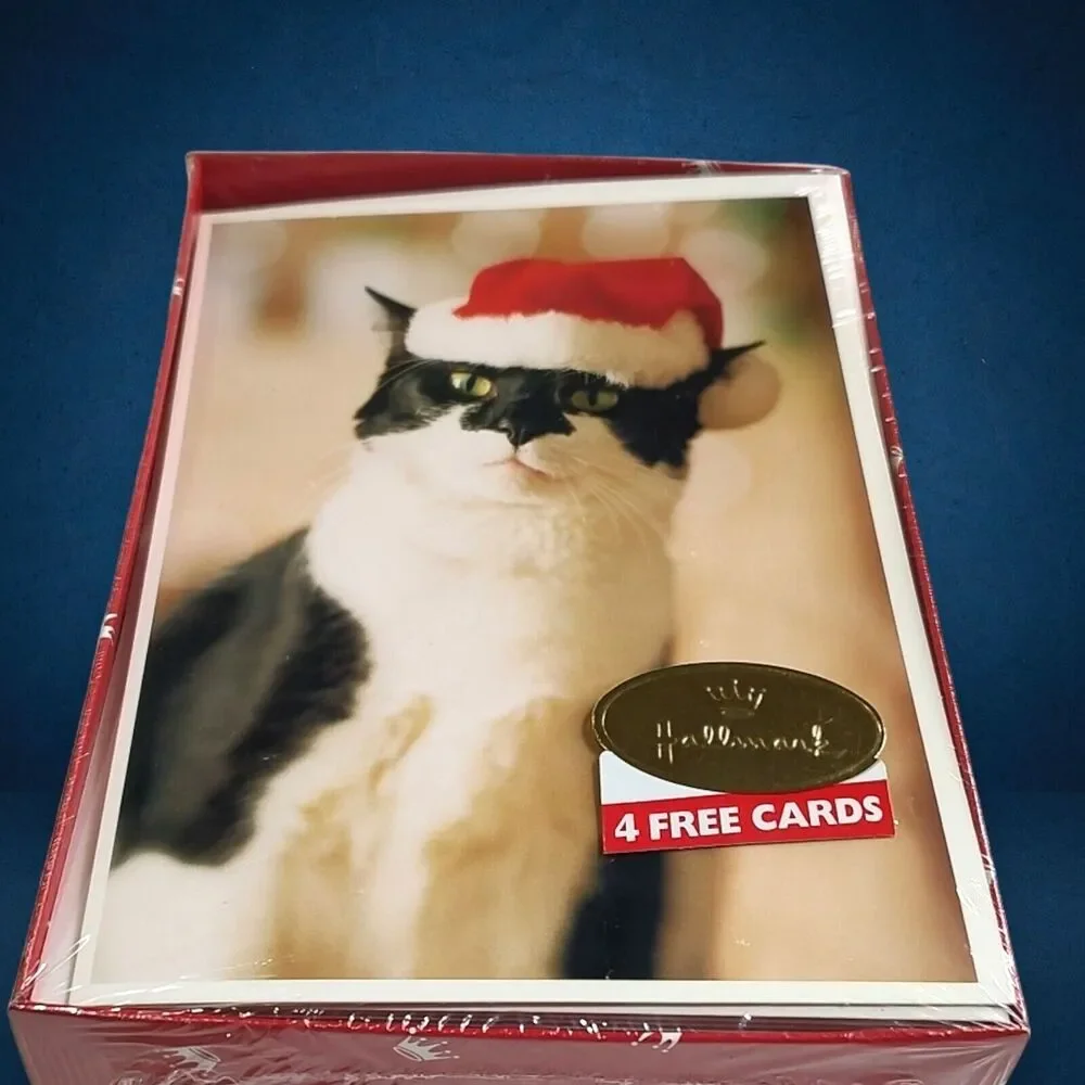 Sealed Vintage Hallmark Black White Cat Santa Claws Merry Christmas Hat 22 Cards